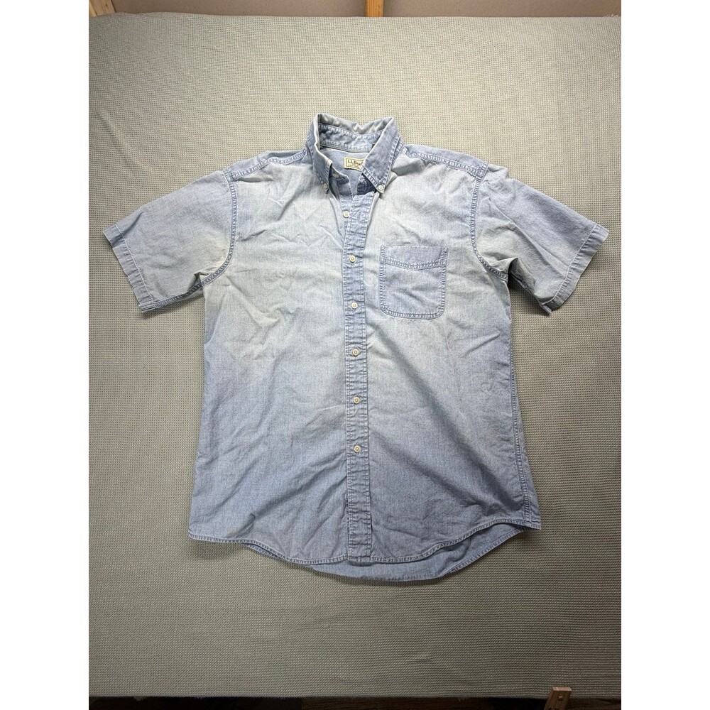 Vintage L.L.Bean Chambray Shirt Men’s M Short Sleeve 100% Cotton Blue